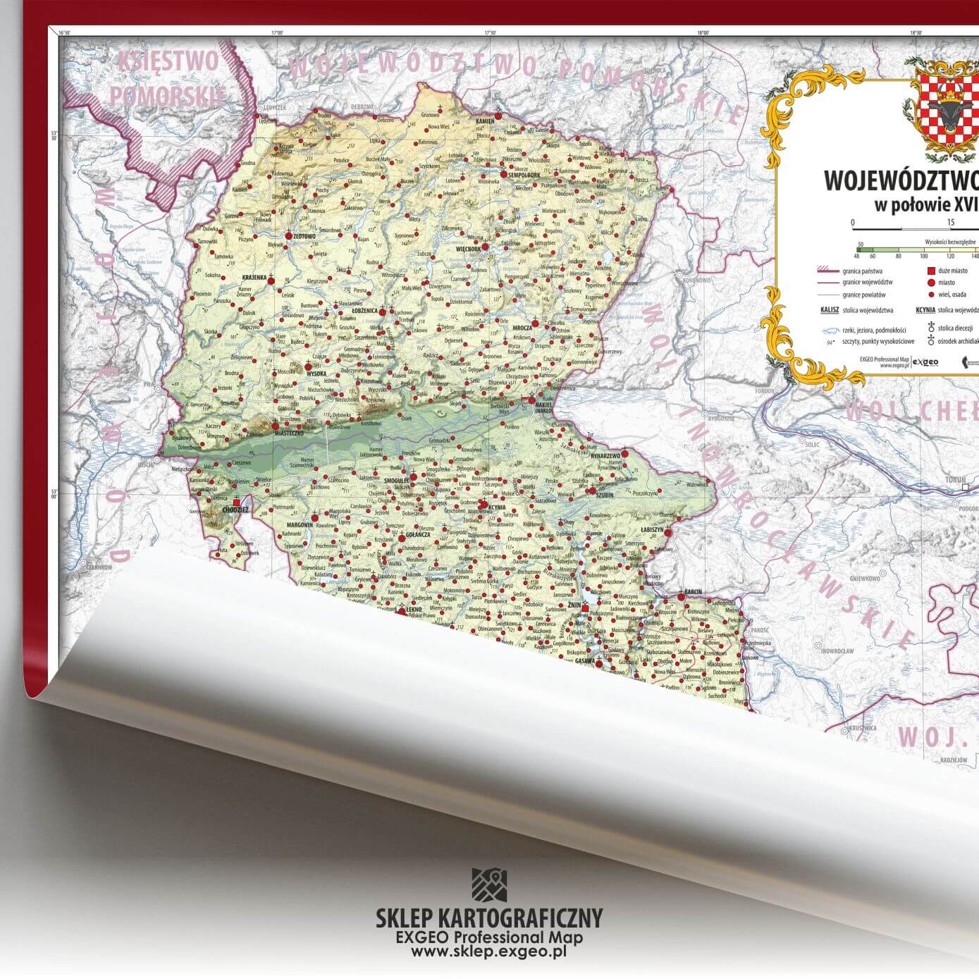 Województwo kaliskie w połowie XVI w. | Mapa historyczna hipsometryczna