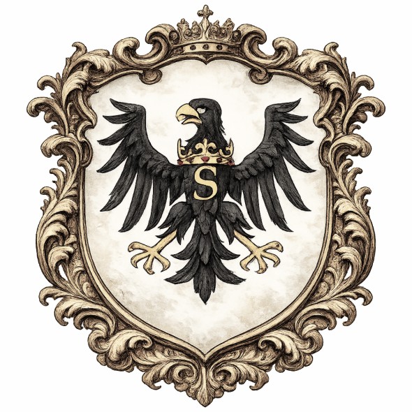 Herb Prus Książęcych obowiązujący w okresie zależności lennej od Korony Polskiej, przedstawiający czarnego orła ze złotą literą „S” i koroną na szyi, używany od tysiąc pięćset dwudziestego piątego roku w Rzeczypospolitej.
