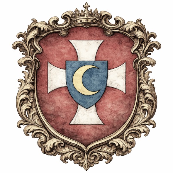 Historyczny herb województwa bracławskiego w dawnej Rzeczypospolitej Obojga Narodów, przedstawiający srebrny krzyż kawalerski w czerwonym polu oraz błękitną tarczę z półksiężycem, artystyczna rekonstrukcja oparta na źródłach heraldycznych.