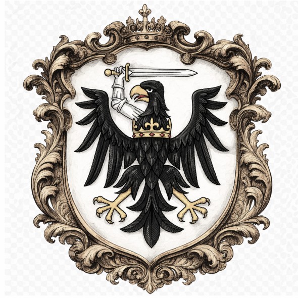 Historyczny herb województw chełmińskiego i malborskiego, przedstawiający czarnego Orła Mieczowego ze złotą koroną na szyi i zbrojnym ramieniem trzymającym miecz, w srebrnym polu tarczy