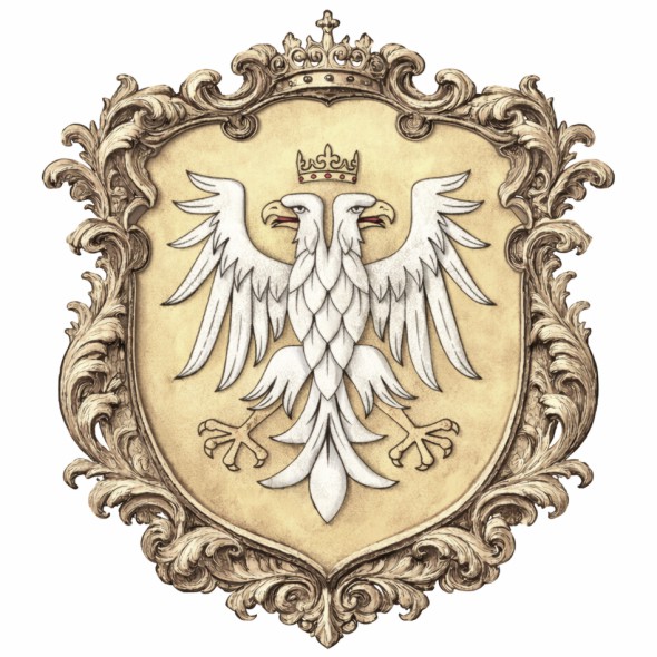 Herb województwa czernihowskiego przedstawiający białego dwugłowego orła zwieńczonego jedną koroną, historyczny symbol województwa Korony Królestwa Polskiego w XVII wieku.