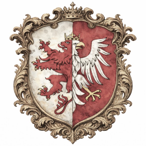 Historyczny herb województwa łęczyckiego, czerwony połulew i srebrny połuorzeł pod wspólną złotą koroną, na tarczy dzielonej w słup