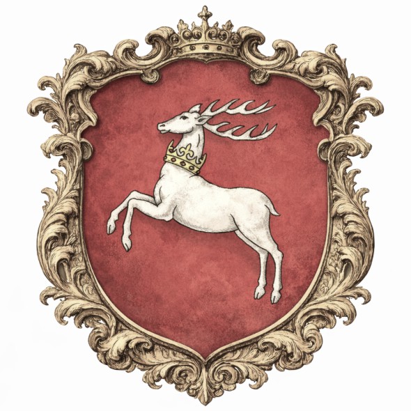 Historyczny herb województwa lubelskiego, srebrny jeleń w skoku ze złotą koroną na szyi, umieszczony w czerwonym polu