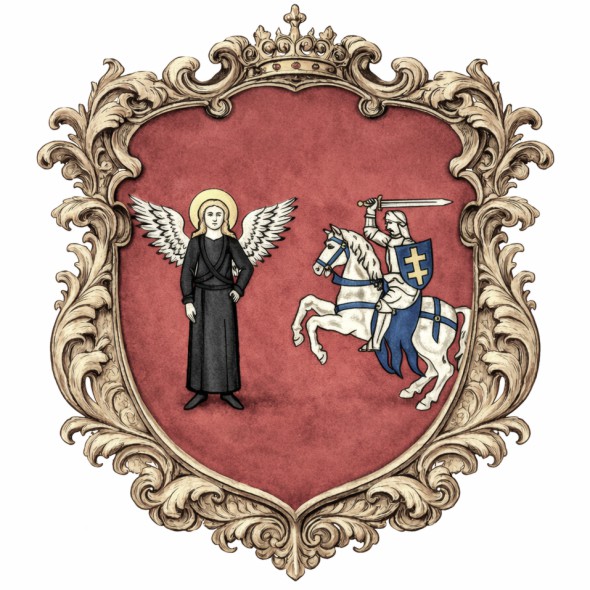 Historyczna rekonstrukcja herbu województwa nowogródzkiego dawnej Rzeczypospolitej. Na czerwonej tarczy przedstawiono św. Michała Archanioła oraz litewską Pogoń, symbolizujące tradycję ziemi nowogródzkiej i przynależność do Wielkiego Księstwa Litewskiego.