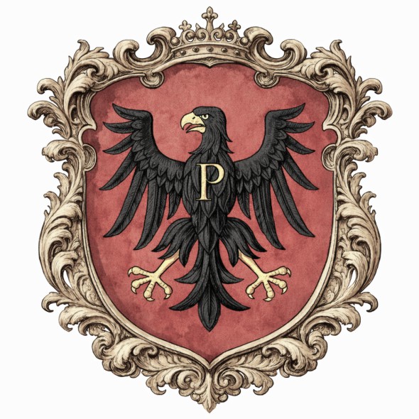 Czarny nieukoronowany orzeł ze złotą literą P w czerwonym polu, herb województwa płockiego w czasach I Rzeczypospolitej