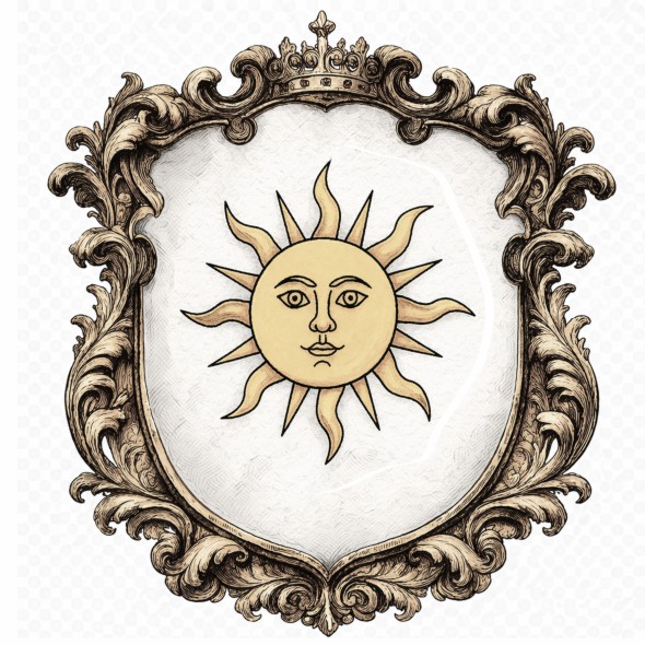 Herb województwa podolskiego przedstawiający złote słońce z ludzką twarzą i promieniami na srebrnym polu tarczy heraldycznej. Historyczny herb województwa Korony Królestwa Polskiego z okresu Rzeczypospolitej Obojga Narodów.