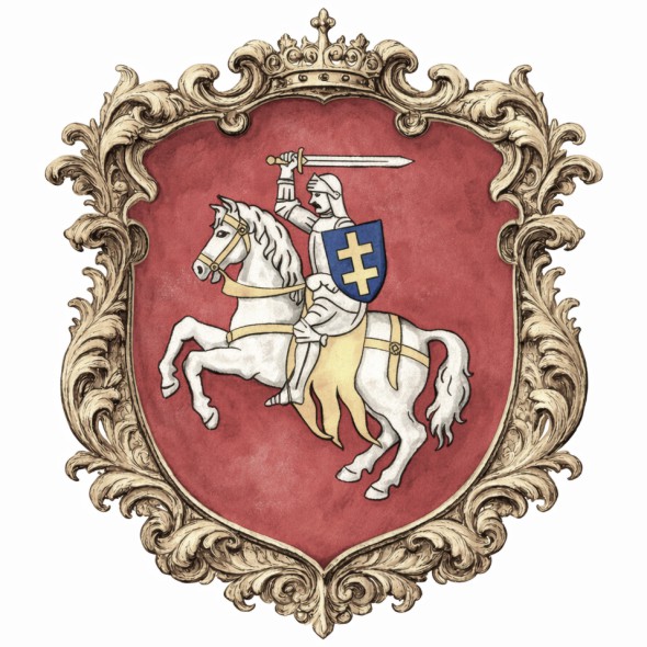 Historyczny herb województwa połockiego przedstawiający litewską Pogoń, srebrnego rycerza na koniu z mieczem i tarczą z podwójnym krzyżem, na czerwonym polu, symbol Wielkiego Księstwa Litewskiego w Rzeczypospolitej Obojga Narodów.