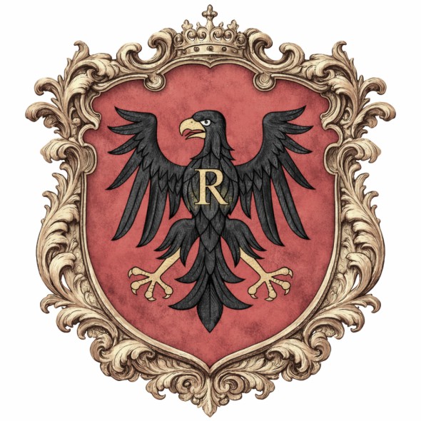 Czarny nieukoronowany orzeł ze złotą literą R na czerwonej tarczy, historyczny herb województwa rawskiego