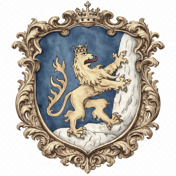 Herb województwa ruskiego z czasów I Rzeczypospolitej, złoty ukoronowany lew wspięty na srebrnej skale w błękitnym polu tarczy
