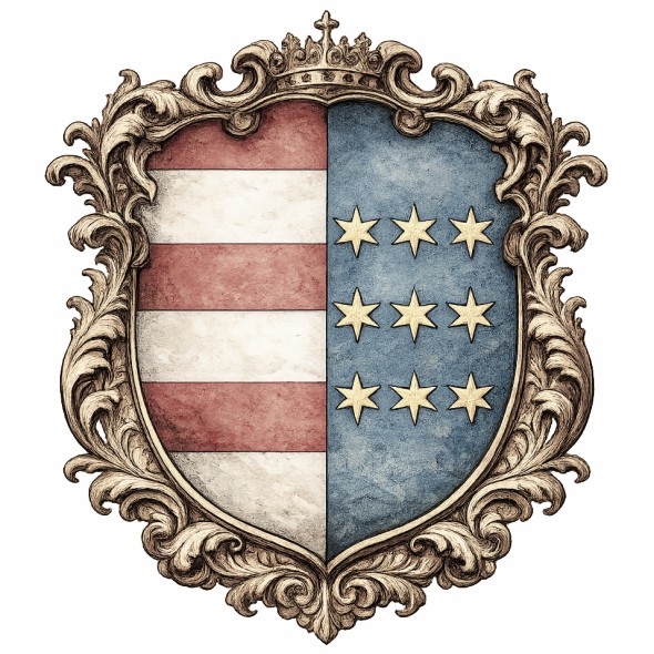Herb województwa sandomierskiego z czasów Rzeczypospolitej Obojga Narodów, tarcza dzielona w słup, czerwono srebrne pasy oraz dziewięć złotych gwiazd na błękitnym polu, historyczna heraldyka ziemska Korony Polskiej.