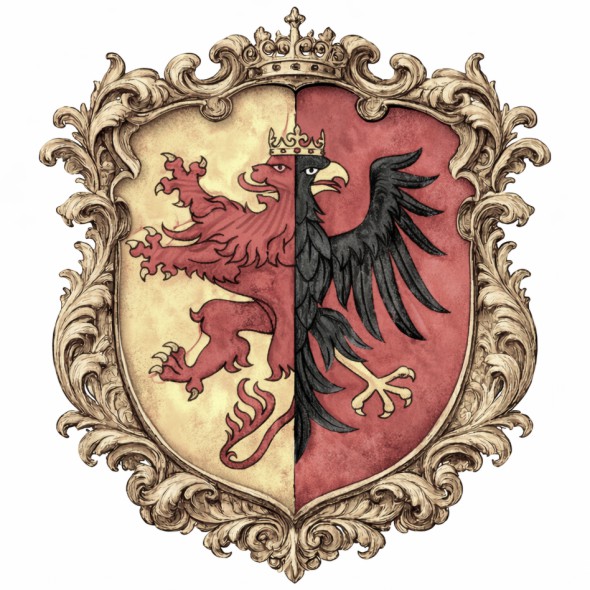 Herb województwa sieradzkiego, czerwony połulew na złotym polu i czarny połuorzeł na czerwonym polu pod wspólną złotą koroną