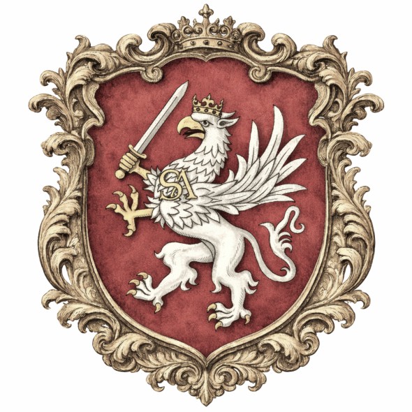 Herb województwa wendeńskiego przedstawiający srebrnego ukoronowanego gryfa z mieczem i monogramem SA na czerwonym polu, historyczny symbol Inflant w Rzeczypospolitej Obojga Narodów z XVI i XVII wieku.