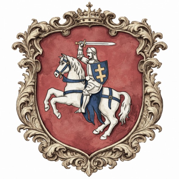 Herb województwa wileńskiego przedstawiający Pogoń, srebrnego rycerza na koniu z uniesionym mieczem i tarczą z podwójnym krzyżem, historyczny symbol Wielkiego Księstwa Litewskiego oraz województwa wileńskiego w Rzeczypospolitej Obojga Narodów.