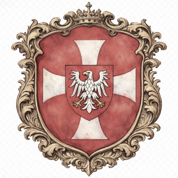 Herb województwa wołyńskiego przedstawiający srebrny krzyż w czerwonym polu oraz czerwoną tarczę z Orłem Białym, historyczny herb ziemski Rzeczypospolitej Obojga Narodów obowiązujący od końca XVI do XVIII wieku.